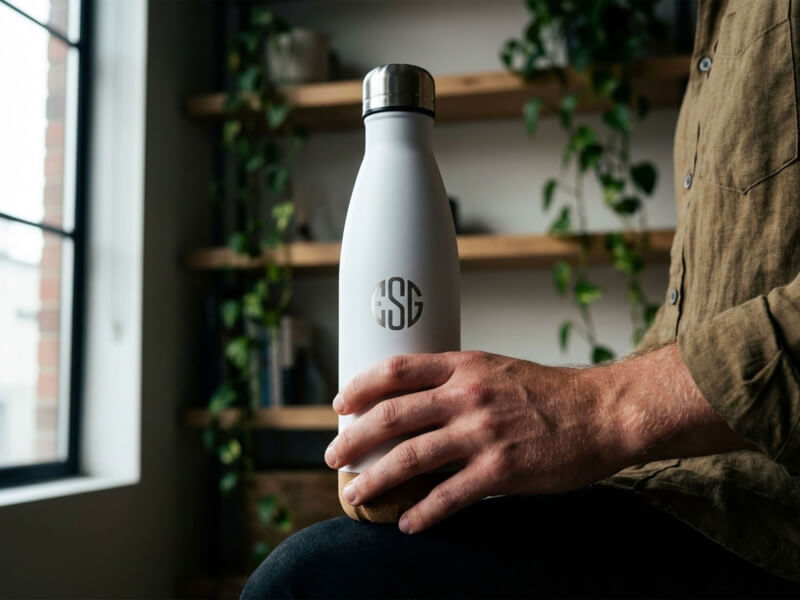 Den vita termosen från Bergteamet stolt stående på ett betongfundament invid en stor uthuggningstunnel eller industriell passage