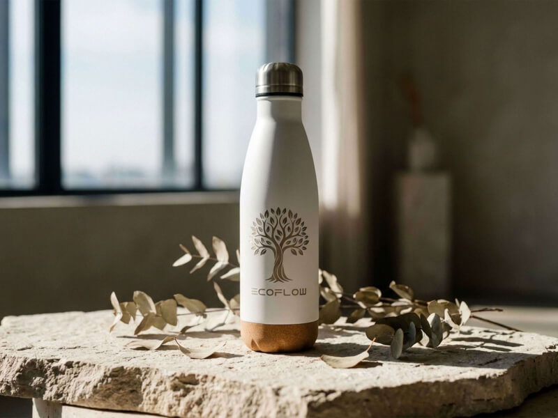 Skarpt vinklad närbild av Bergteamets logotyp – text samt diamantform i rött och blått – på en matt, vit metalltermos