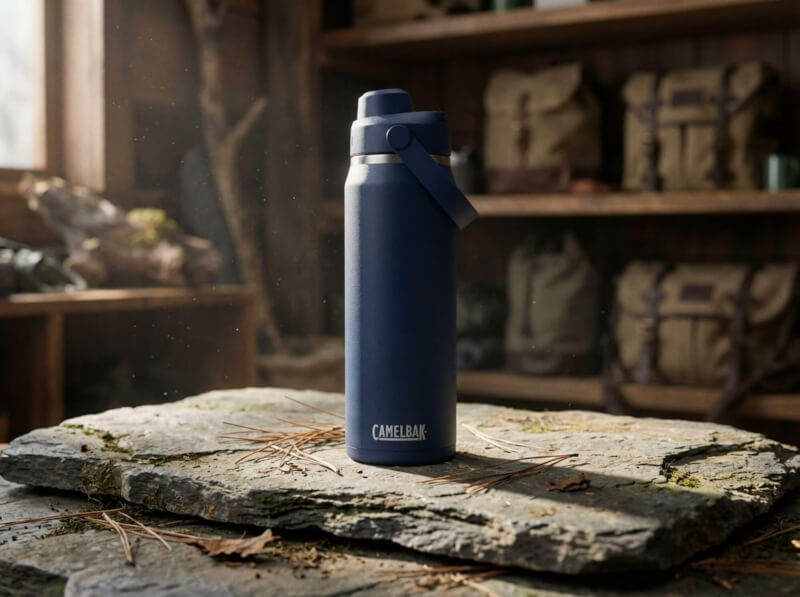 Mörkblå Hästens termosflaska placerad i lugn hemmamiljö på ett ljusbrunt sängbord med vita kuddar i bakgrunden