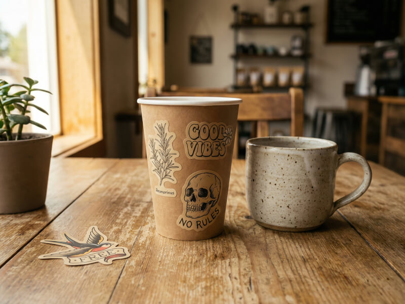 Kraftpappersklistermärken på kaffemugg i cafémiljö med träbord och naturligt ljus