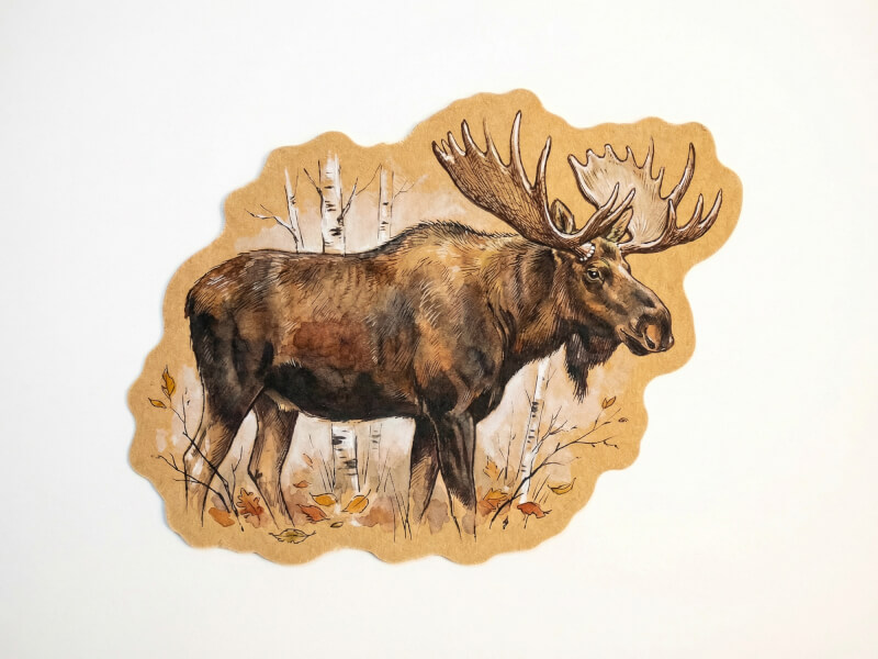 Stansad kraftpappersdekal med akvarellmålad älg i björkskog med höstlöv