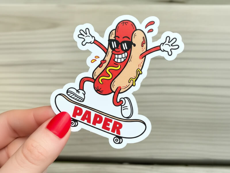 Hand som håller stansad pappersdekal med färgglad karaktärsillustration som visar matt pappersyta