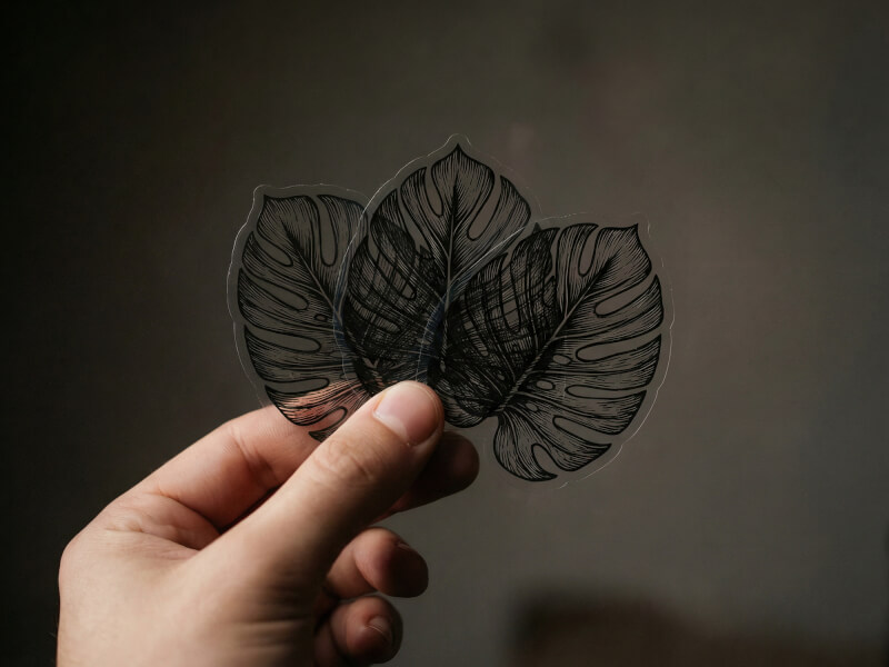 Hand som håller transparenta klistermärken och visar genomskinlig vinyl