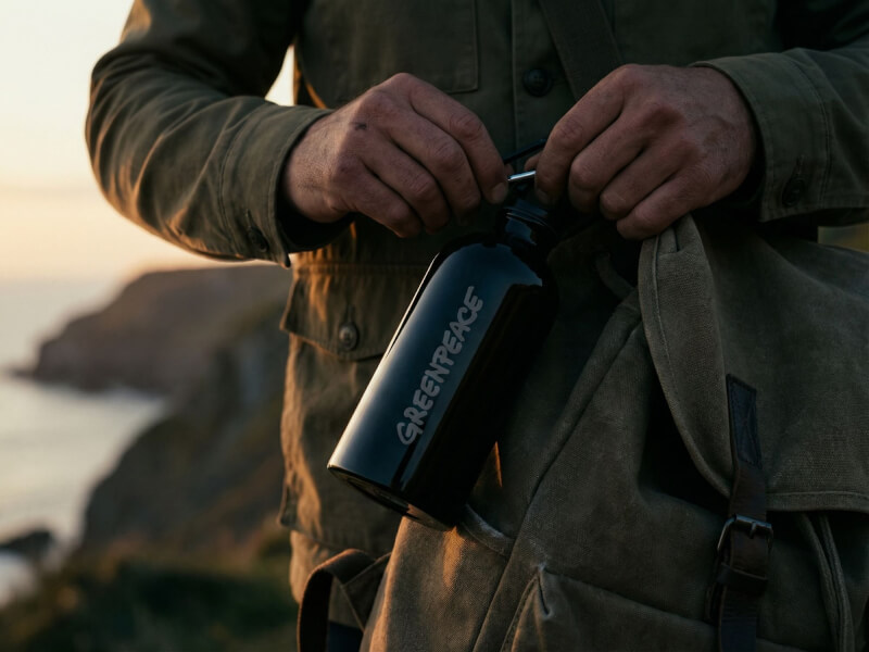 Person i grön jacka ute i naturmiljö nära havet vid solnedgång fäster en svart Greenpeace metallflaska på en ryggsäck