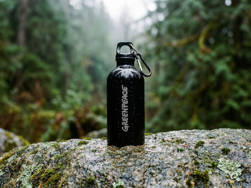 Svart metallflaska med Greenpeace-logotyp stående på en mossbelupen sten utomhus i en tät skogsmiljö under dagtid