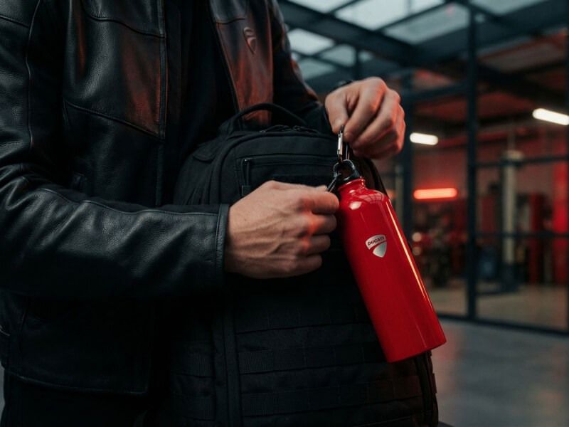 Person som håller en röd vattenflaska Pacific med lasergraverad Ducati-logotyp i en aktiv miljö.