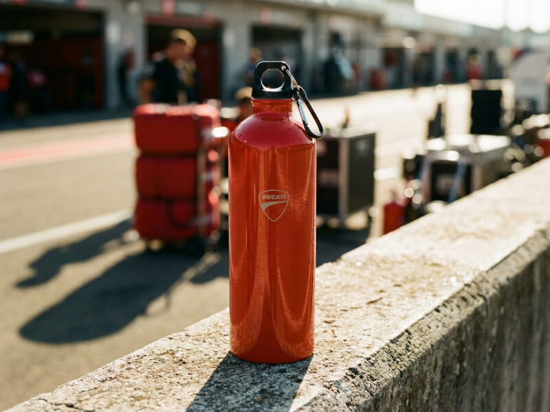 Röd vattenflaska Pacific med lasergraverad Ducati-logotyp placerad i en aktiv utomhusmiljö.