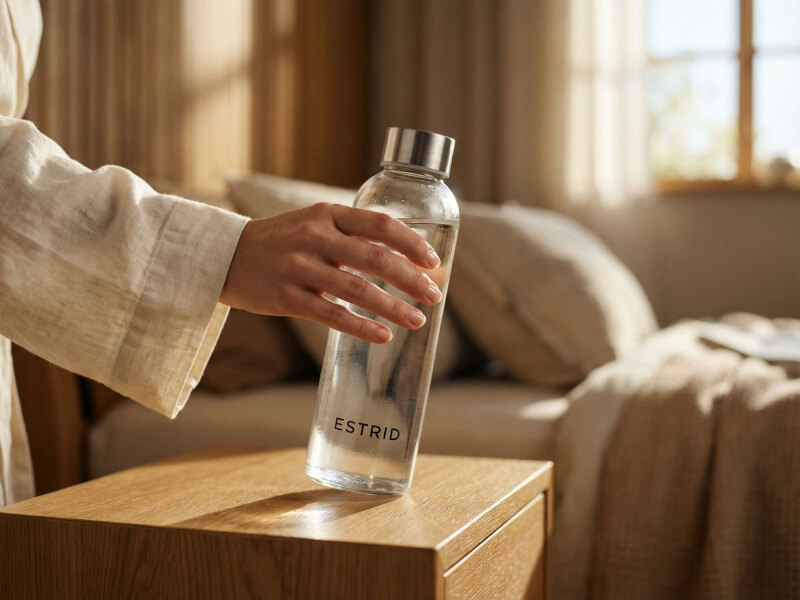 Hand i vit vid skjortärm som greppar en transparent Estrid glasvattenflaska på ett sidobord vid en säng i ett ljust sovrum