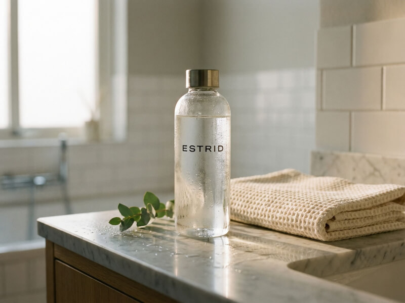 Transparent glasvattenflaska från Estrid stående på en sten- eller marmorbänk i ett ljust badrum med en vikt handduk