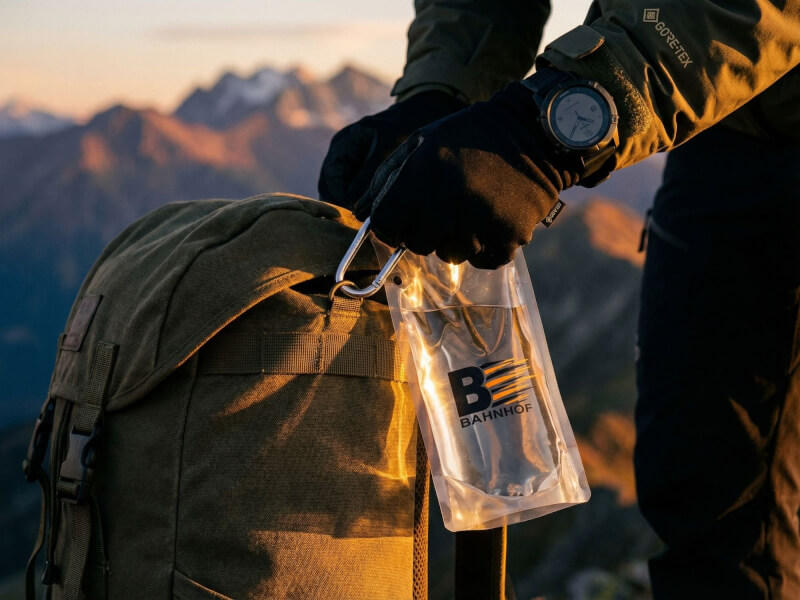 Transparent Vattenflaska Cabo med Bahnhof-tryck i grön utomhusmiljö bland växter