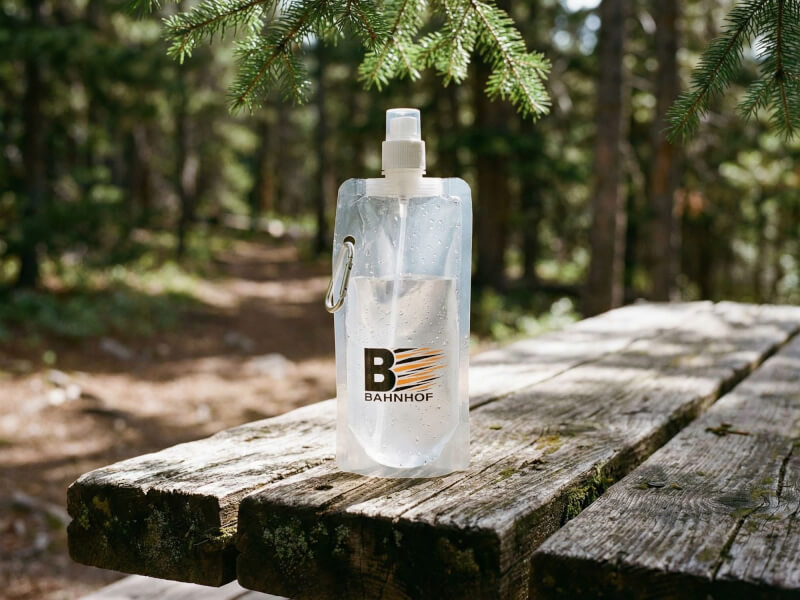 Vattenflaska Cabo med tampotryck med vitt lock och bärögla i användning i grön utomhusmiljö bland växter