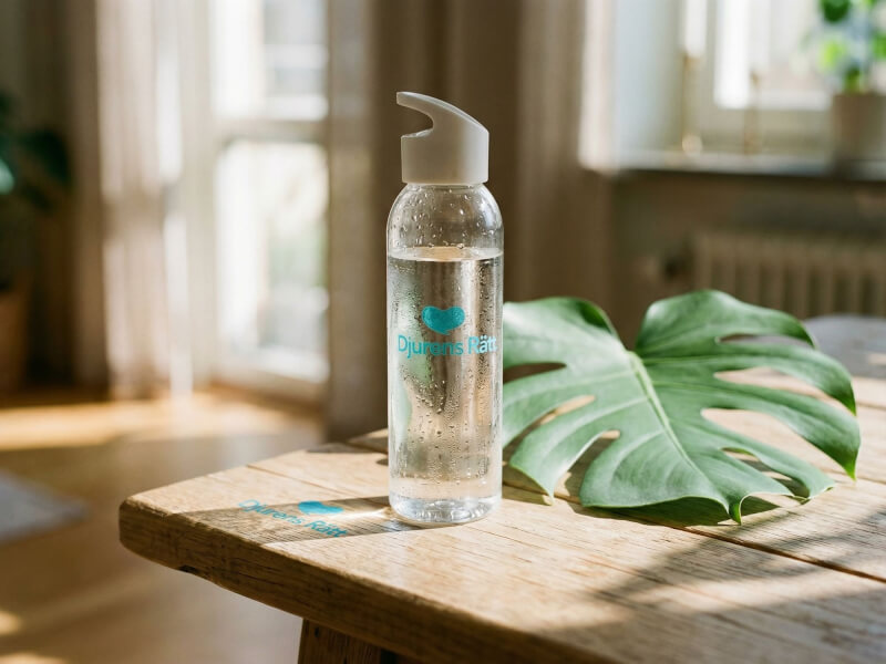 Transparent Djurens Rätt vattenflaska stående på ett lågt träbord i ett rum med stora fönster och solljus, bredvid ett stort grönt paradisträd-blad