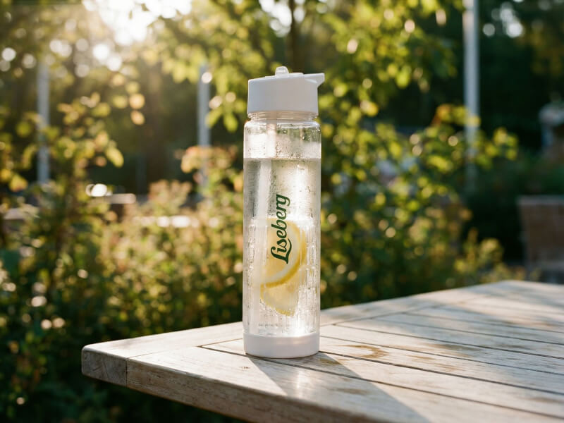 Solbelyst transparent vattenflaska fylld med skivad citron med Liseberg-logotyp, stående på ett rustikt träbord utomhus bland grönskande buskar