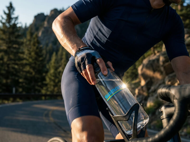 Cyklist i mörkblå kläder som under cykling på en bergsväg drar en transparent Shimano sportflaska från cykelns flaskställ