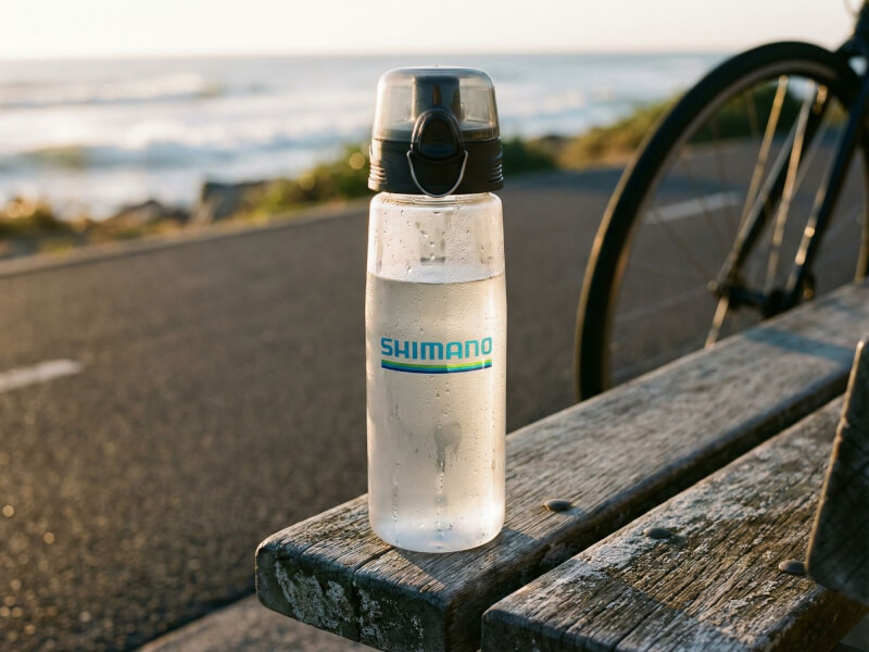 Transparent sportflaska fylld med isvatten och ett Shimano-tryck stående på en sliten träbänk vid en kustväg där havet syns i horisonten