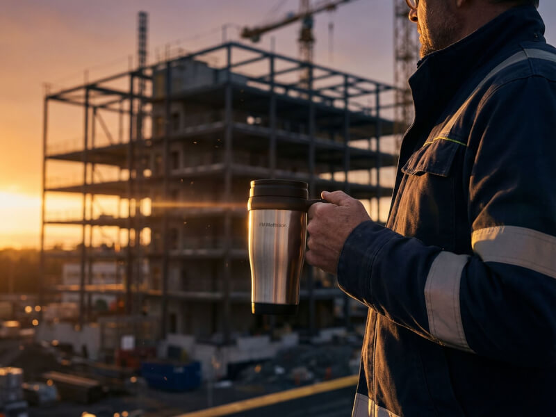 Person i arbetskläder håller en Termosmugg Sanibel i borstat stål med svart lock och lasergraverad logotyp på en byggarbetsplats vid solnedgång.