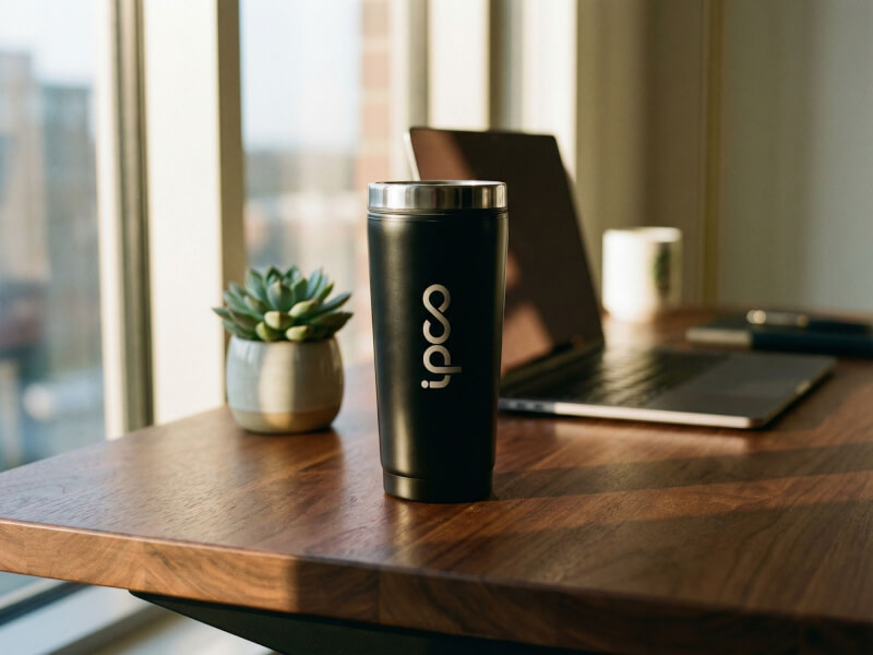 Svart termosmugg Elwood med matt finish och lasergraverad logotyp på ett skrivbord i en kontorsmiljö vid ett fönster.