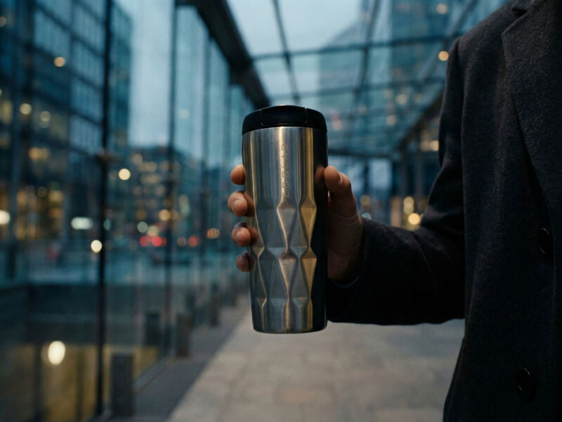 En person i rock håller i en stilren, borstad metall-termosmugg med modellen Torino, dekorerad med geometriska mönster och en laserngraverad logotyp, i en urban stadsmiljö.