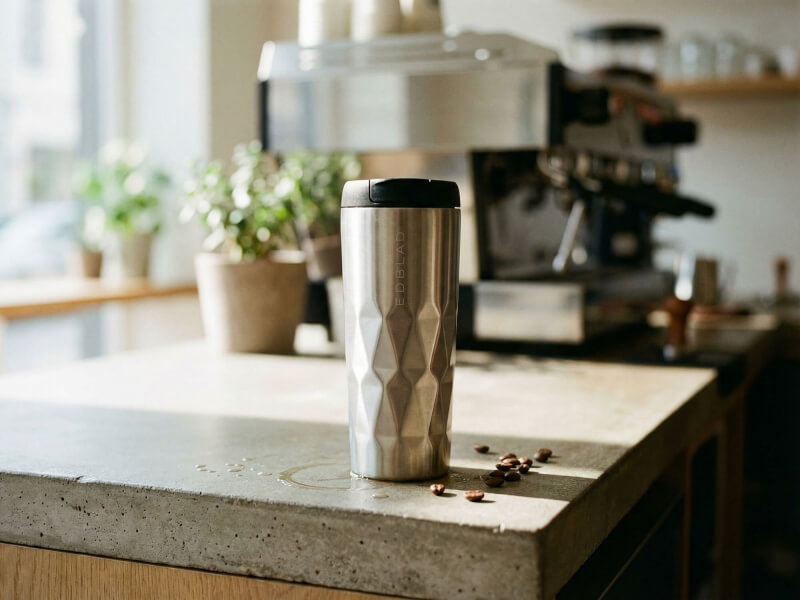 Metallisk termosmugg Torino med geometriskt mönster och lasergraverad logotyp placerad på en betongbänkskiva i ett café.