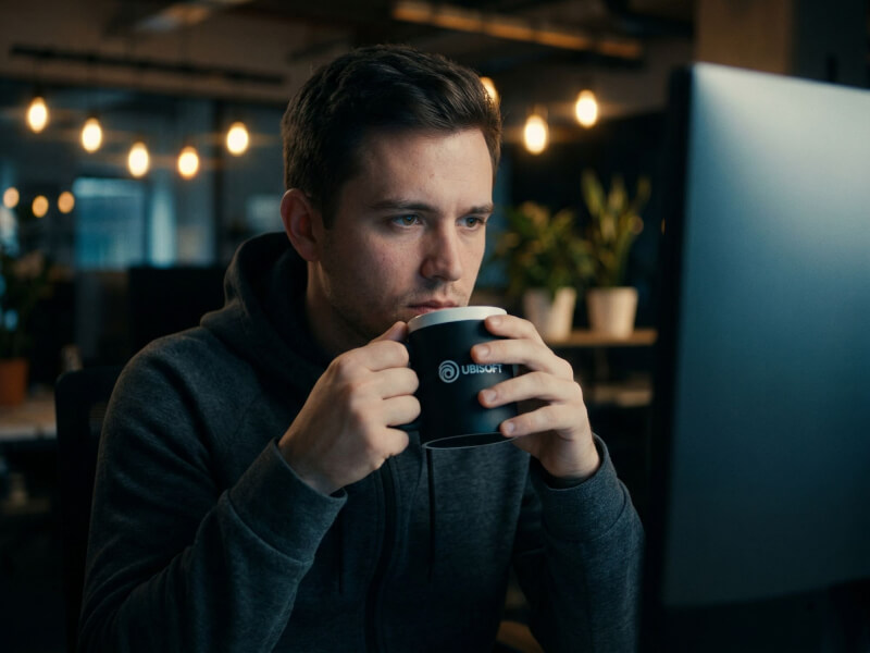 En man vid en dator på ett kontor som håller i en svart, matt kaffemugg av modellen Chalky med en vit, tryckt Ubisoft-logotyp.