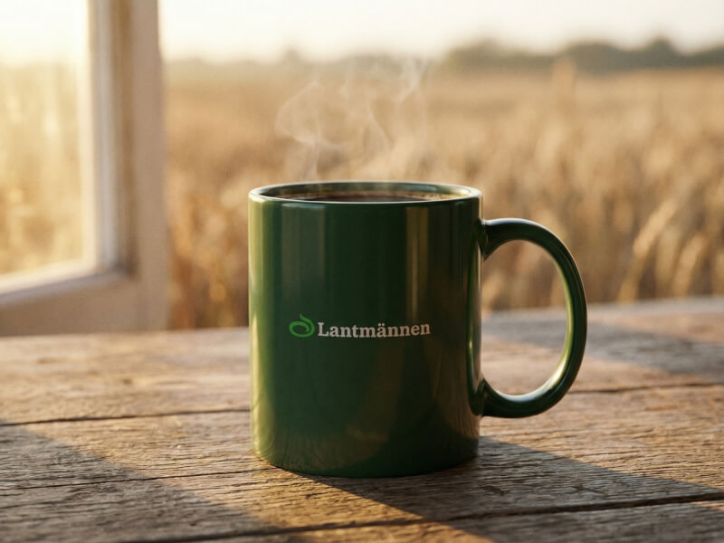 En grön blank kaffemugg av modellen Santos med tryckt Lantmännen-logotyp, placerad på ett träbord framför ett fält i solnedgången med rykande varm dryck.
