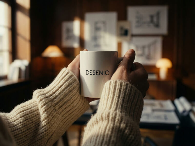 Person iklädd beige stickad tröja som håller en vit keramisk Kaffemugg Bahia med tryckt logotyp i en mysig kontorsmiljö.