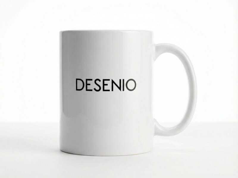 Vit blank kaffemugg Bahia med tryckt svart 'DESENIO'-logotyp, fotograferad mot vit bakgrund.