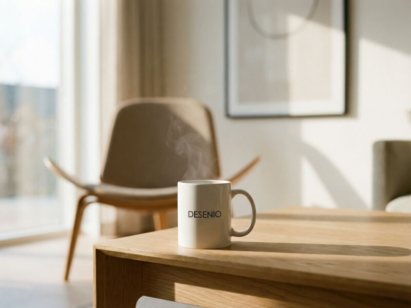 Vit kaffemugg Bahia med tryckt Desenio-logotyp, placerad på ett ljust träbord i en solig och hemtrevlig inredningsmiljö.