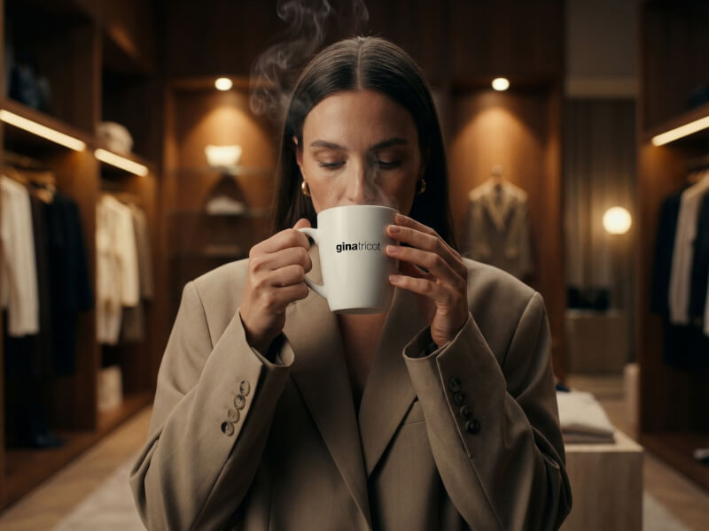 En person i en exklusiv garderobsmiljö som dricker ur en vit blank Kaffemugg Bogota med svart tryckt Gina Tricot-logotyp.