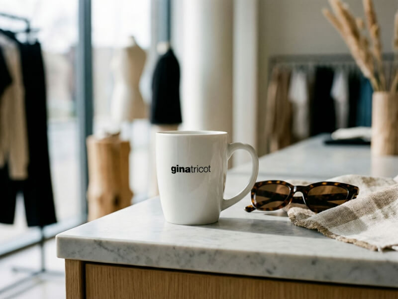 Vit blank kaffemugg Bogota med svart tryckt Gina Tricot-logotyp, placerad på en marmordisk i en klädbutik.