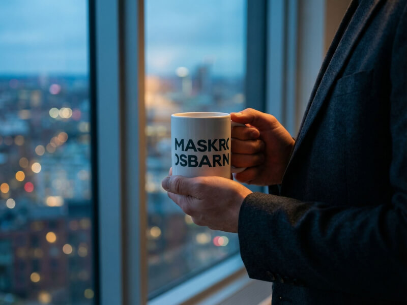 Person i kavaj håller en vit blank sublimeringsmugg med svart tryckt logotyp framför ett fönster i en kontorsmiljö med utsikt över en upplyst stad.