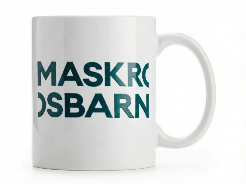 Vit blank kaffemugg med tryckt text 'MASKROSBARN' i mörkgrön färg, isolerad mot vit bakgrund.