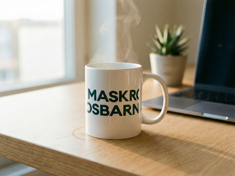 Vit kaffemugg med sublimeringstryck i mörkgrönt på ett skrivbord i en kontorsmiljö med ånga som stiger från muggen.