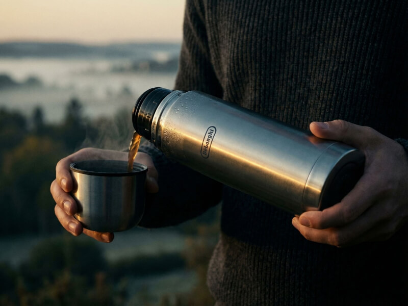 Person häller rykande hett kaffe från en ståltermos i DeLonghi ner i dess fyllda lockkopp mot en vacker naturvy vid soluppgång