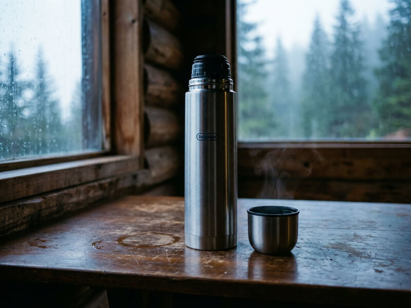 DeLonghi-termos i stål och dess rykande kopp stående på bred timmerfönsterbräda i en mysig fjällstuga med regnigt landskap utanför