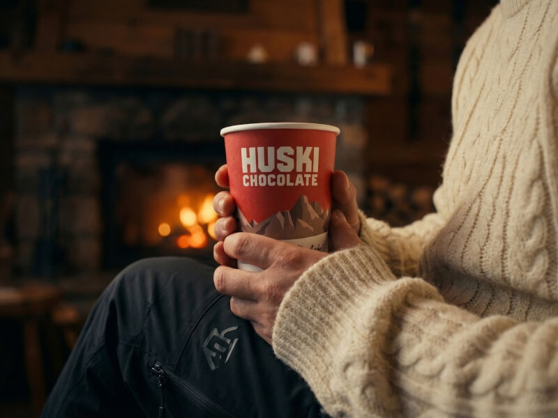 Person i beige kabelstickad tröja håller i en röd 22 cl pappersmugg med Huski Chocolate-logotyp framför en öppen spis.