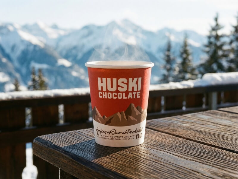 En röd pappersmugg på 22 cl med Huski Chocolate-tryck, placerad på ett träbord utomhus i en snöig bergsmiljö.