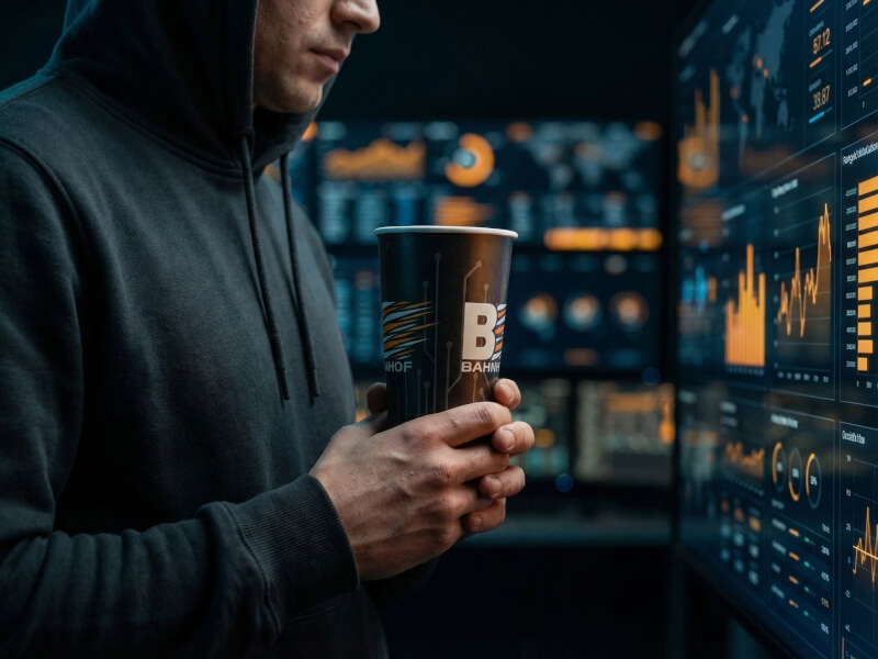 Person i huvtröja håller en svart pappersmugg 35 cl Express med digitalt tryckt Bahnhof-logotyp i en modern IT-miljö med dataskärmar.