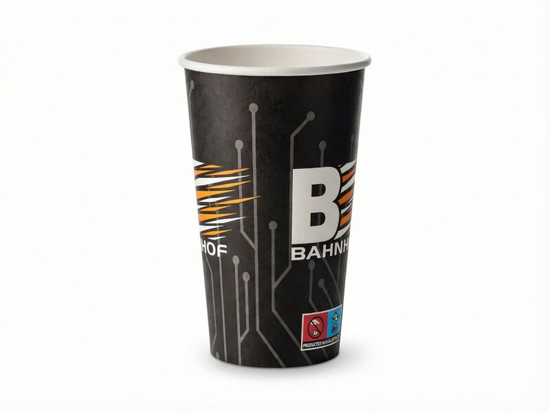 Svart pappersmugg 35 cl Express med digitaltryckt kretskortsmönster och Bahnhof-logotyp mot vit bakgrund.