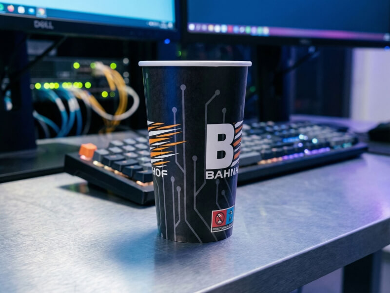 Svart pappersmugg 35 cl med digitalt tryck och kretskortsmönster stående på ett metallbord i en servermiljö.