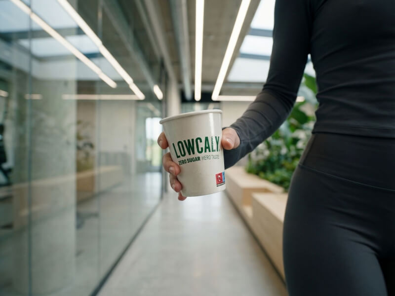 Person i träningskläder håller en vit 12 cl enkelväggig pappersmugg med tryckt grön 'LOWCALY'-logotyp i en modern kontorsmiljö.