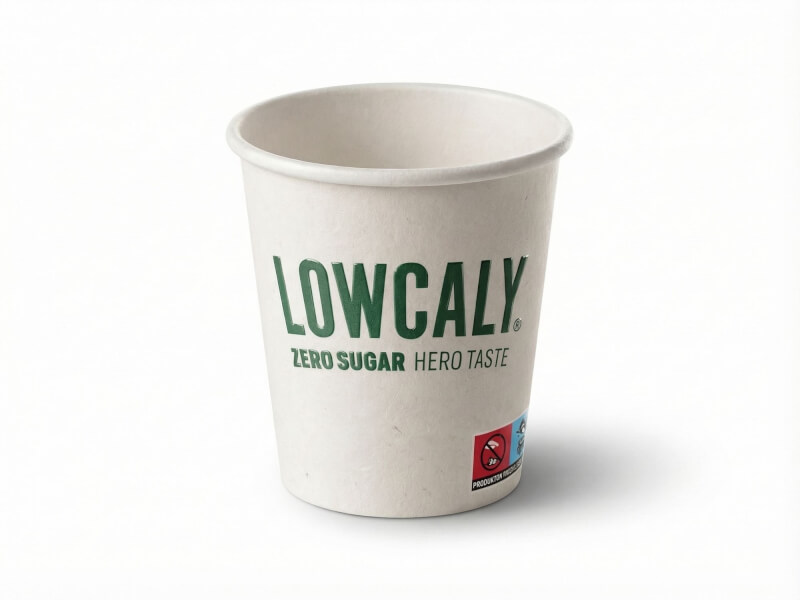 Vit pappersmugg 12 cl med enkelvägg och tryck av varumärket LOWCALY, isolerad mot vit bakgrund.