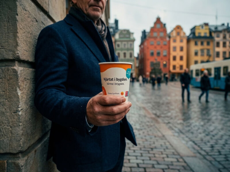 En man i mörk kavaj håller en vit engångspappersmugg (24 cl) med tryck i stadsmiljö i Gamla Stan. Muggen har Ålems Sparbanks logotyp och texten 'Hjärtat i bygden. Värme i bygden'.