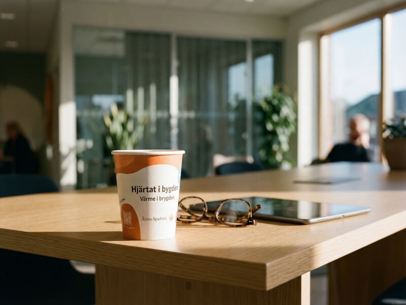 Pappersmugg enkelvägg 24 cl med tryck från Ålems Sparbank stående på ett ljust träbord i en kontorsmiljö med glasögon och surfplatta.