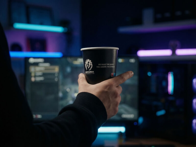 En person håller en svart pappersmugg med dubbla väggar och Paradox Interactive-logotyp i en gamingmiljö med RGB-belysning.