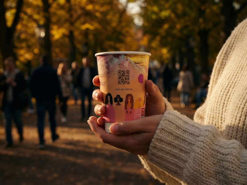 Person som håller i en 48 cl pappersmugg med dubbelvägg och färgglatt tryck utomhus i en park under hösten.