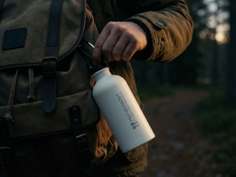 Person i skogsgrön jacka som i mörk skogsmiljö fäster en vit Hundstallet metallflaska på sin bruna ryggsäck med en karbinhake