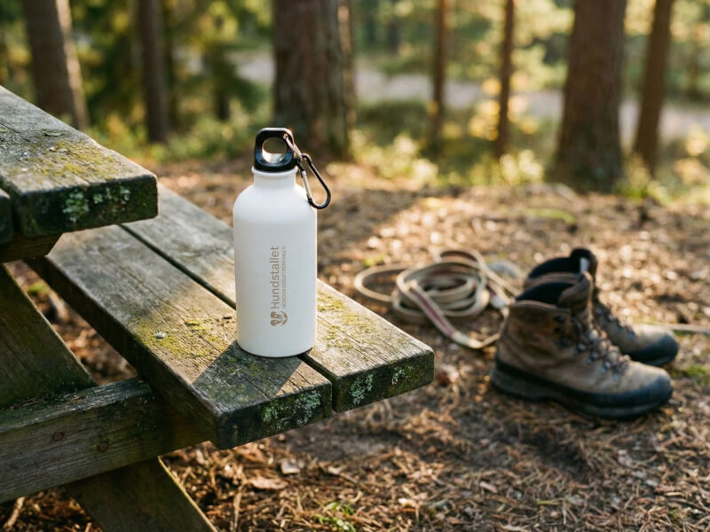 Vit metallflaska med Hundstallet-logotyp stående på en bänk av trall i solljus, med kängor och ryggsäck i bakgrunden i en skog