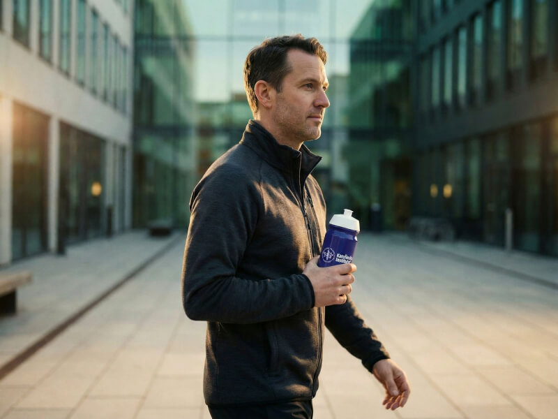 En man promenerandes utomhus genom en modern campusmiljö eller innergård, hållandes en lila Karolinska Institutet sportflaska