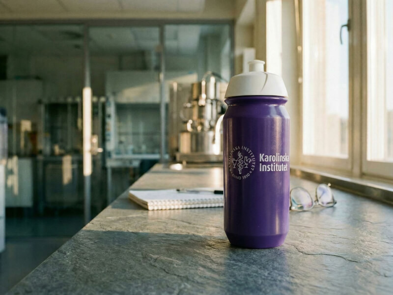 Lila sportflaska med Karolinska Institutet tryck stående på en ljus stenskiva i laboratoriemiljö, med mätglas och anteckningar i bakgrunden